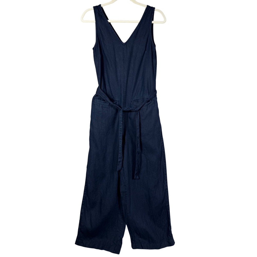Faherty Catalina Jumpsuit Womens XS Navy Blue 100% Linen Sleeveless V-neck Belt - Picture 2 of 14